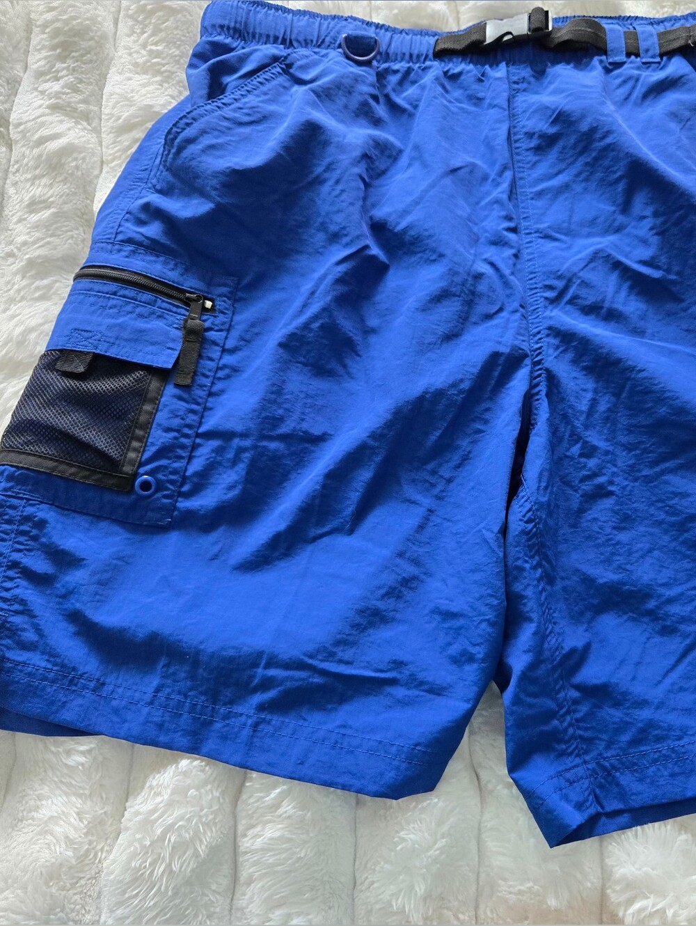 NEW WITH TAGS, Bright Blue Men's Swim Shorts with Utility Pocket. Size Large.